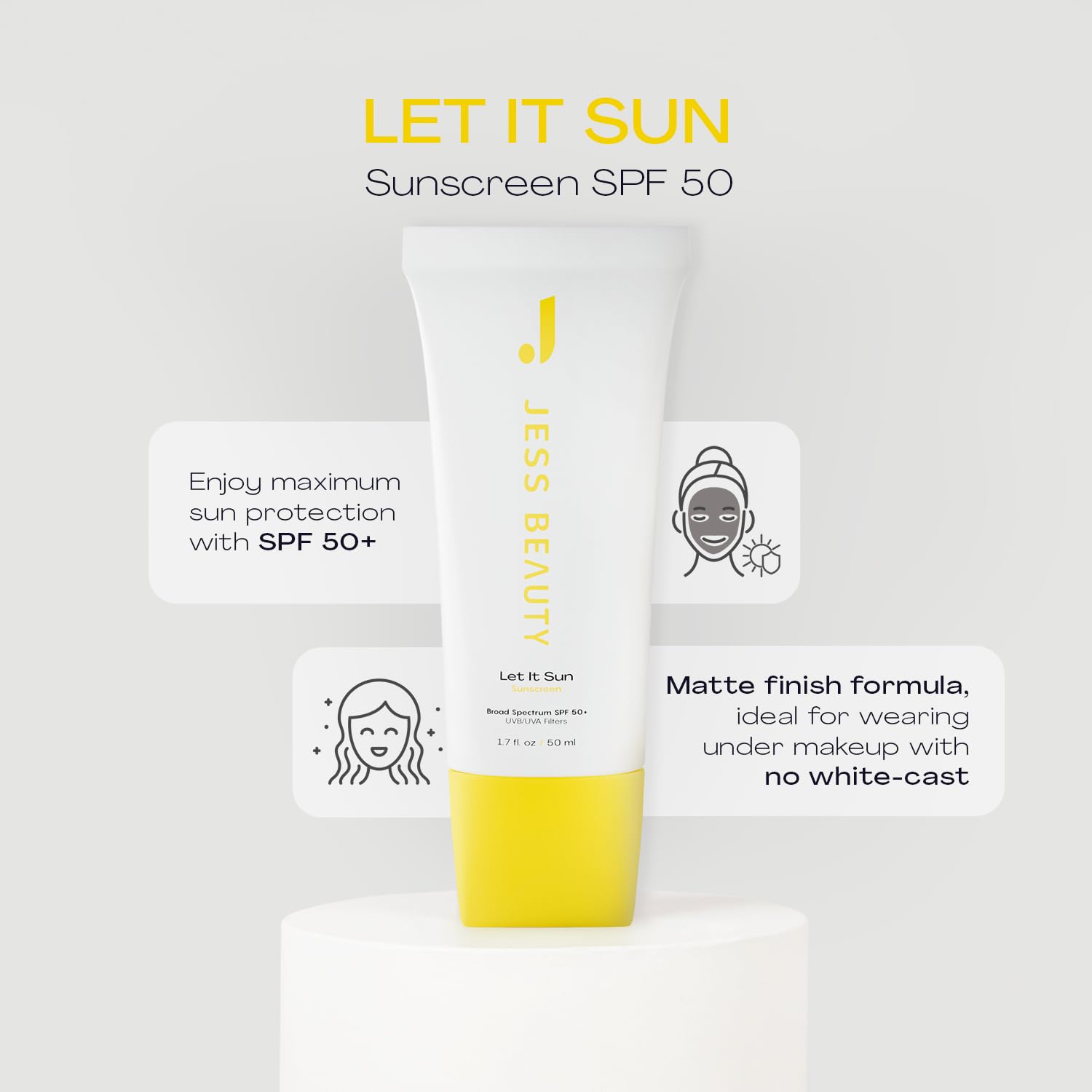 Let it Sun SPF50+ fini mattifiant sans trace blanche sur la peau.