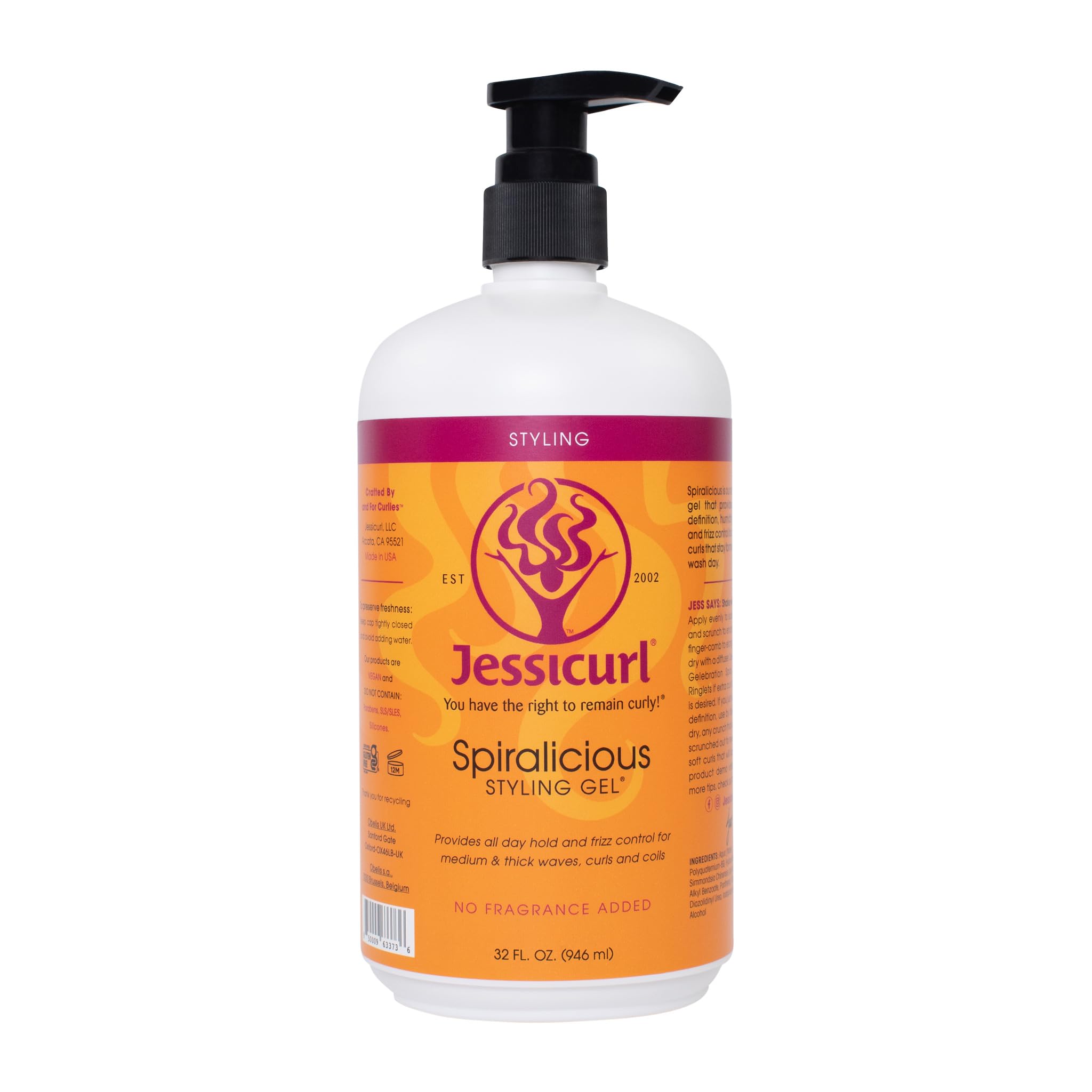 Jessicurl Spiralicious Gel: flacon montrant boucles définies et frisottis maîtrisés.