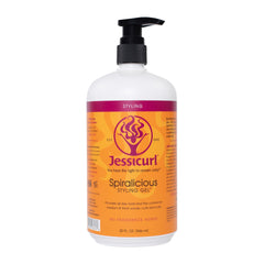 Jessicurl Spiralicious Gel: flacon montrant boucles définies et frisottis maîtrisés.
