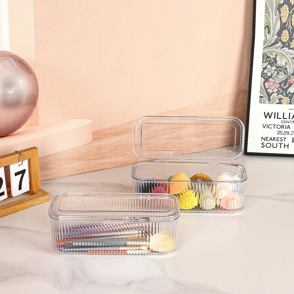 JessLab boîte cosmétique transparente pour éponges et outils, rangement clair et accessible.