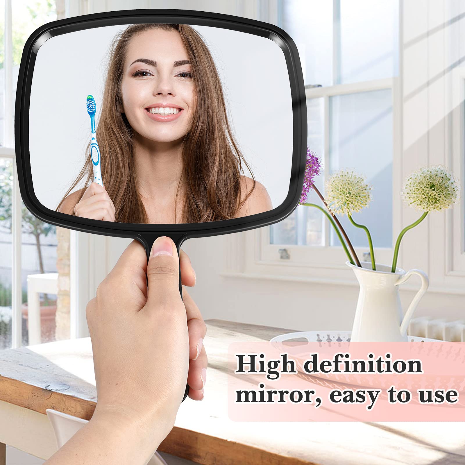Miroir à main Jetec noir, poignée antidérapante pour maquillage précis.
