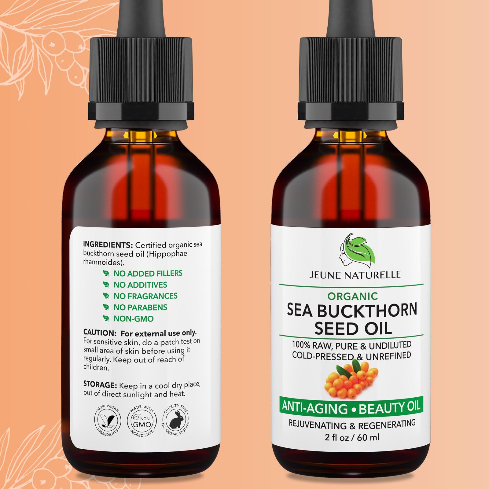 Huile d'argousier Jeune Naturelle – soin cheveux, brillance et renouvellement cellulaire.