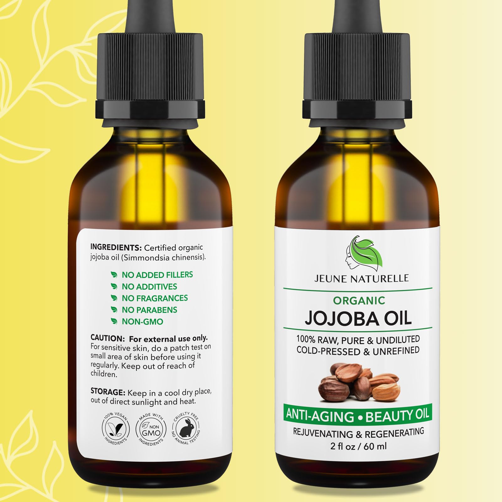 Jeune Naturelle huile jojoba, application visage, éclat naturel et peau revitalisée.