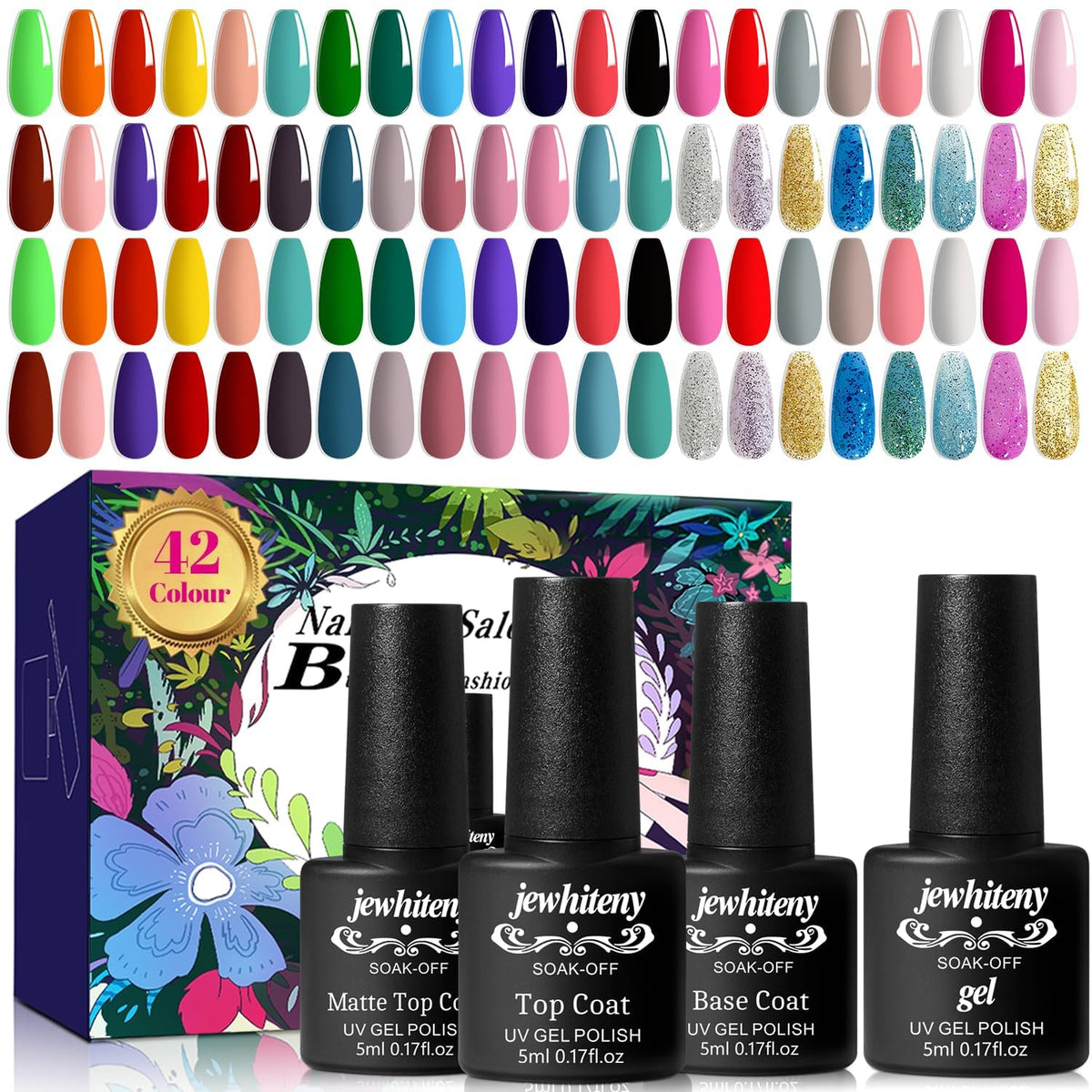 JEWHITENY gel nail kit swatches show vibrant 42-color palette for daily looks