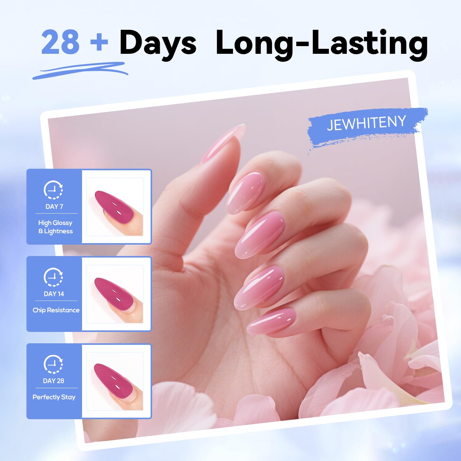 JEWHITENY finished manicure demonstrates chip-resistant shine and long wear