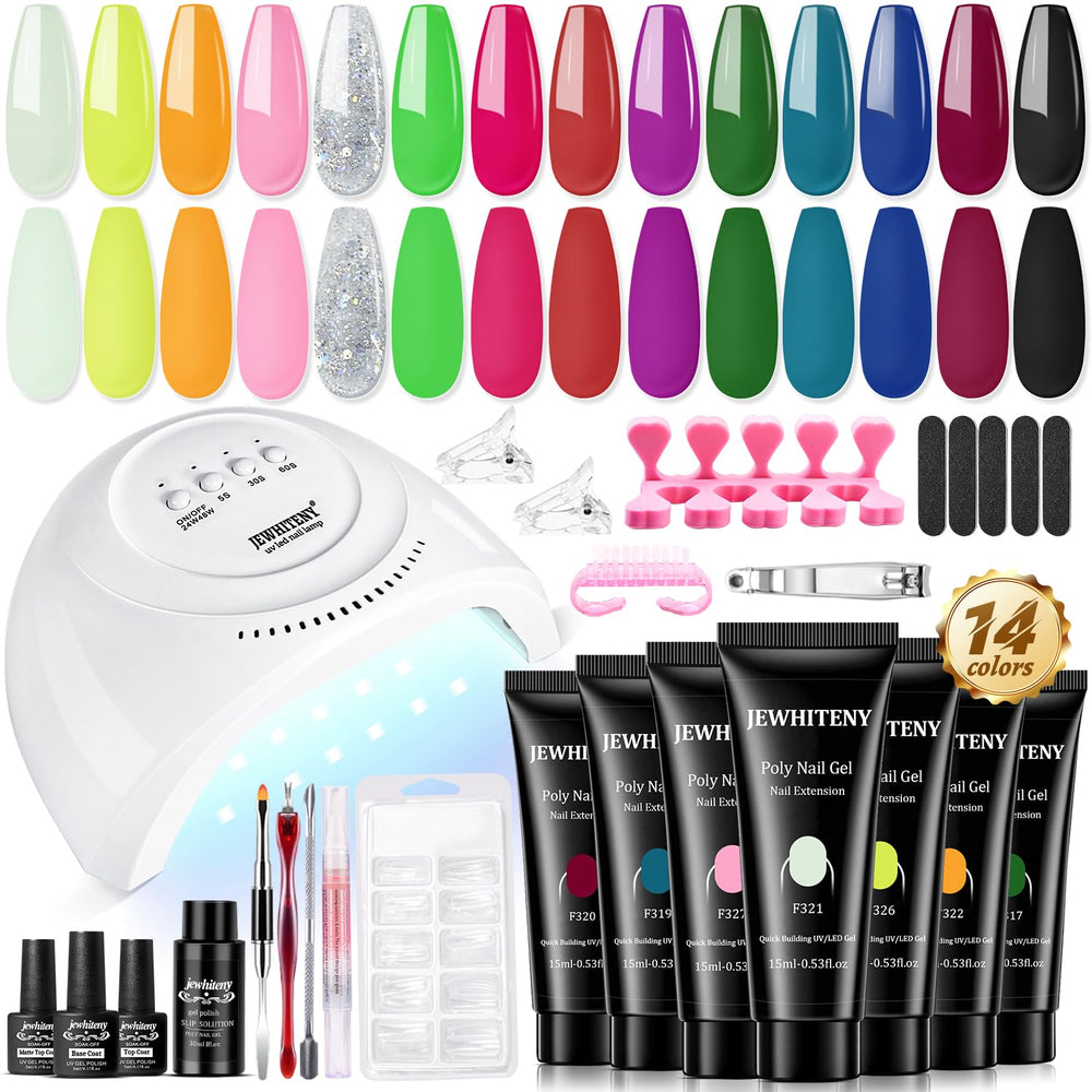 JEWHITENY kit gel poly 14 couleurs avec lampe UV 48W pour des ongles durables et polyvalents