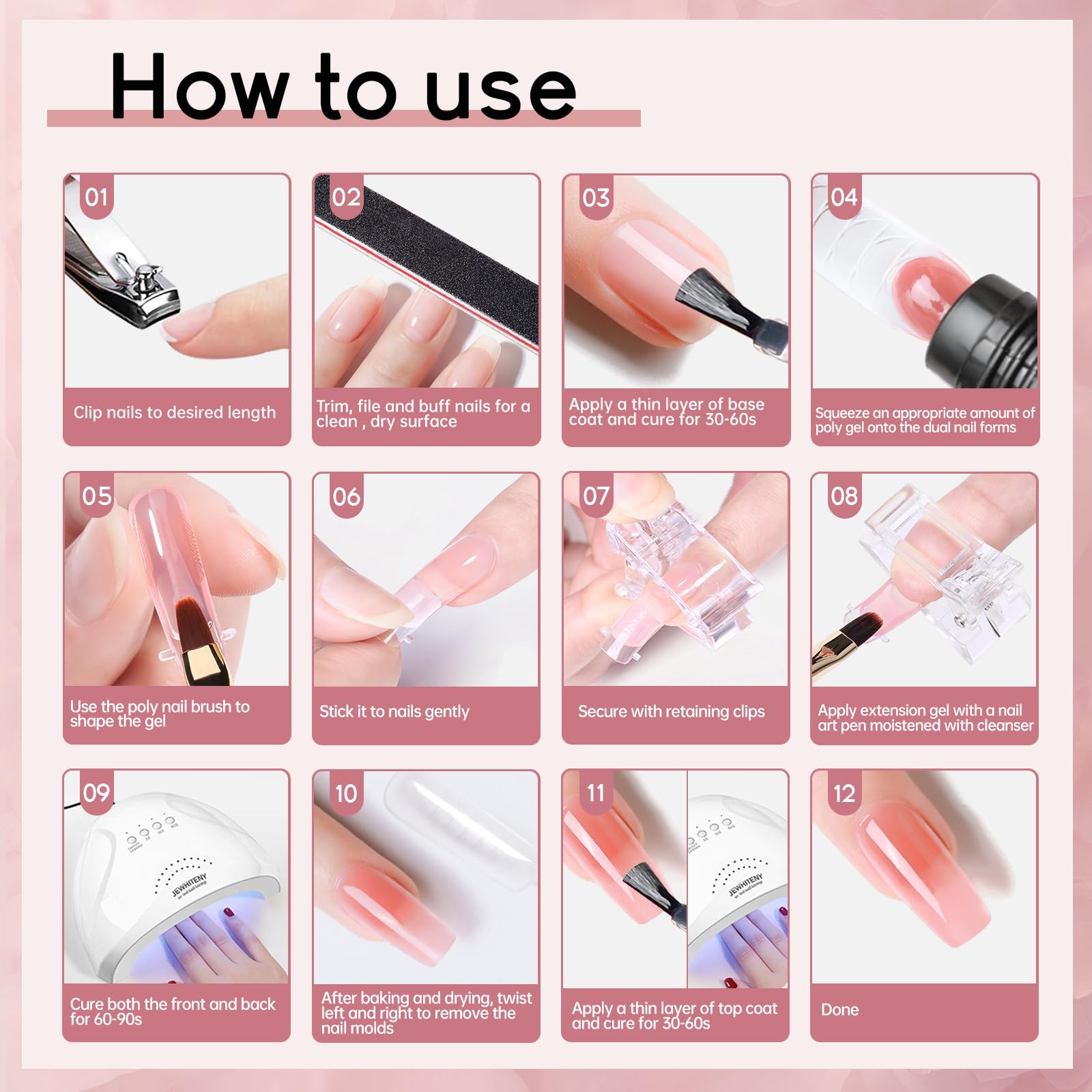 Outils nail art JEWHITENY, essentiels pour extensions polygel.