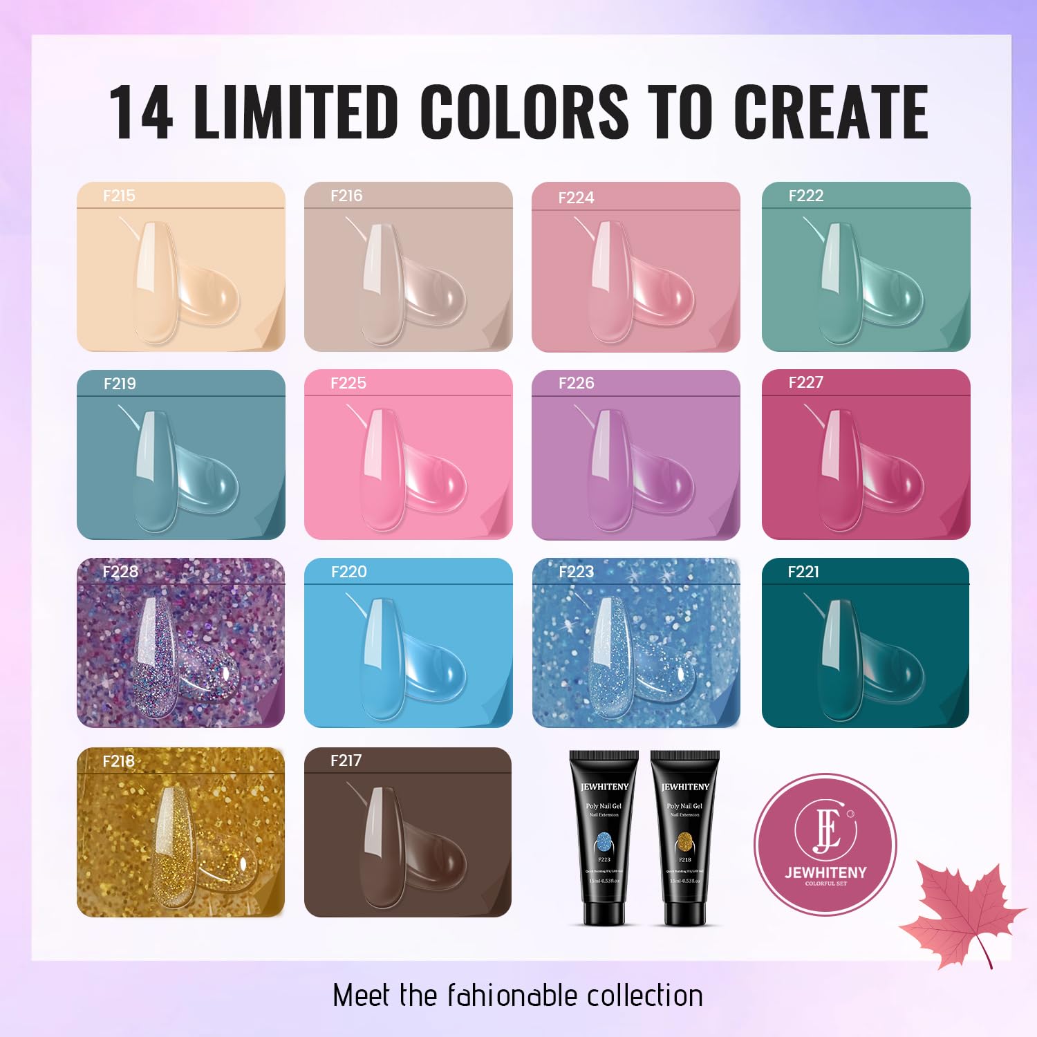 JEWHITENY 14 couleurs gel polymère de 15 ml pour poses variées
