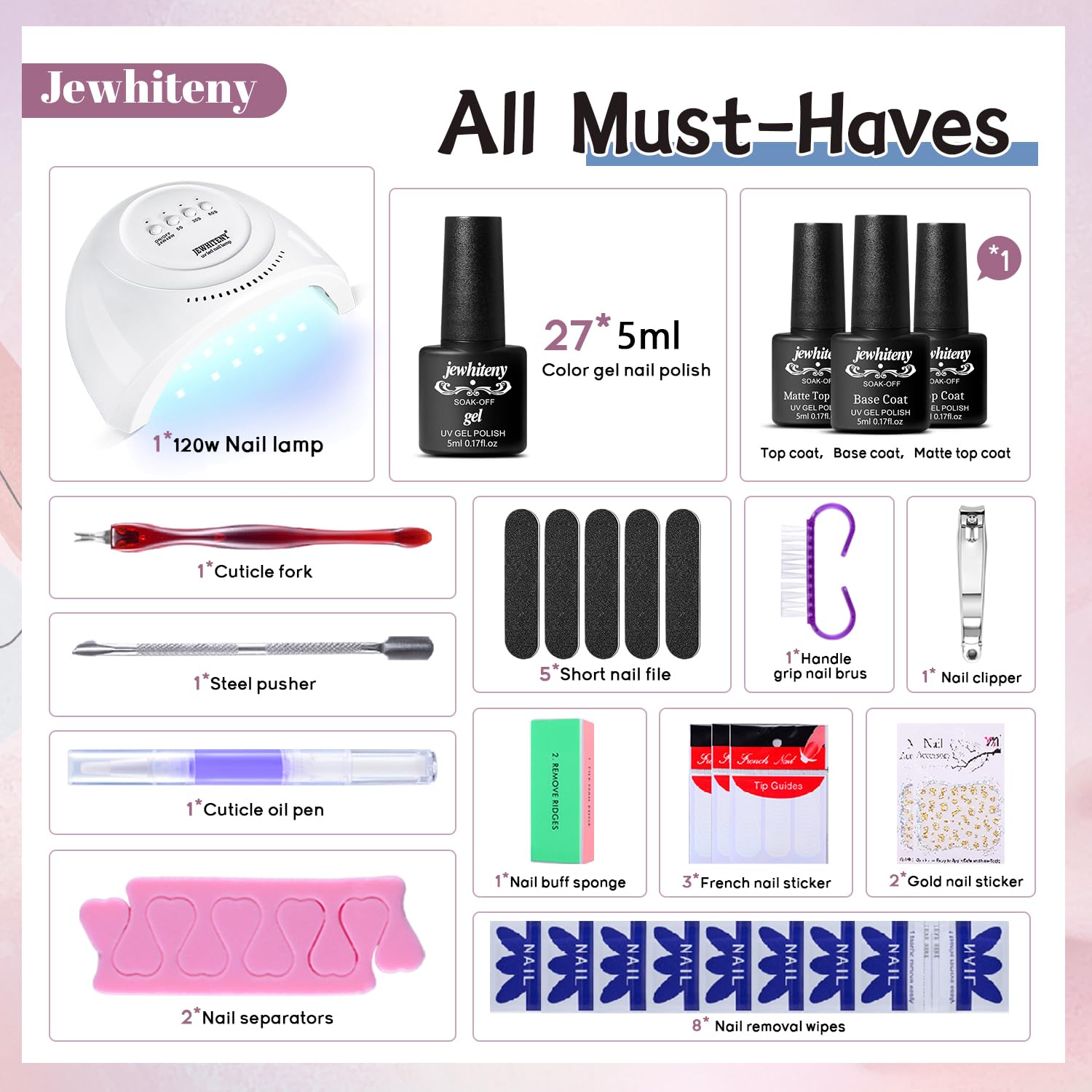 27 vernis gel JEWHITENY offrant adhésion fiable et brillance durable.