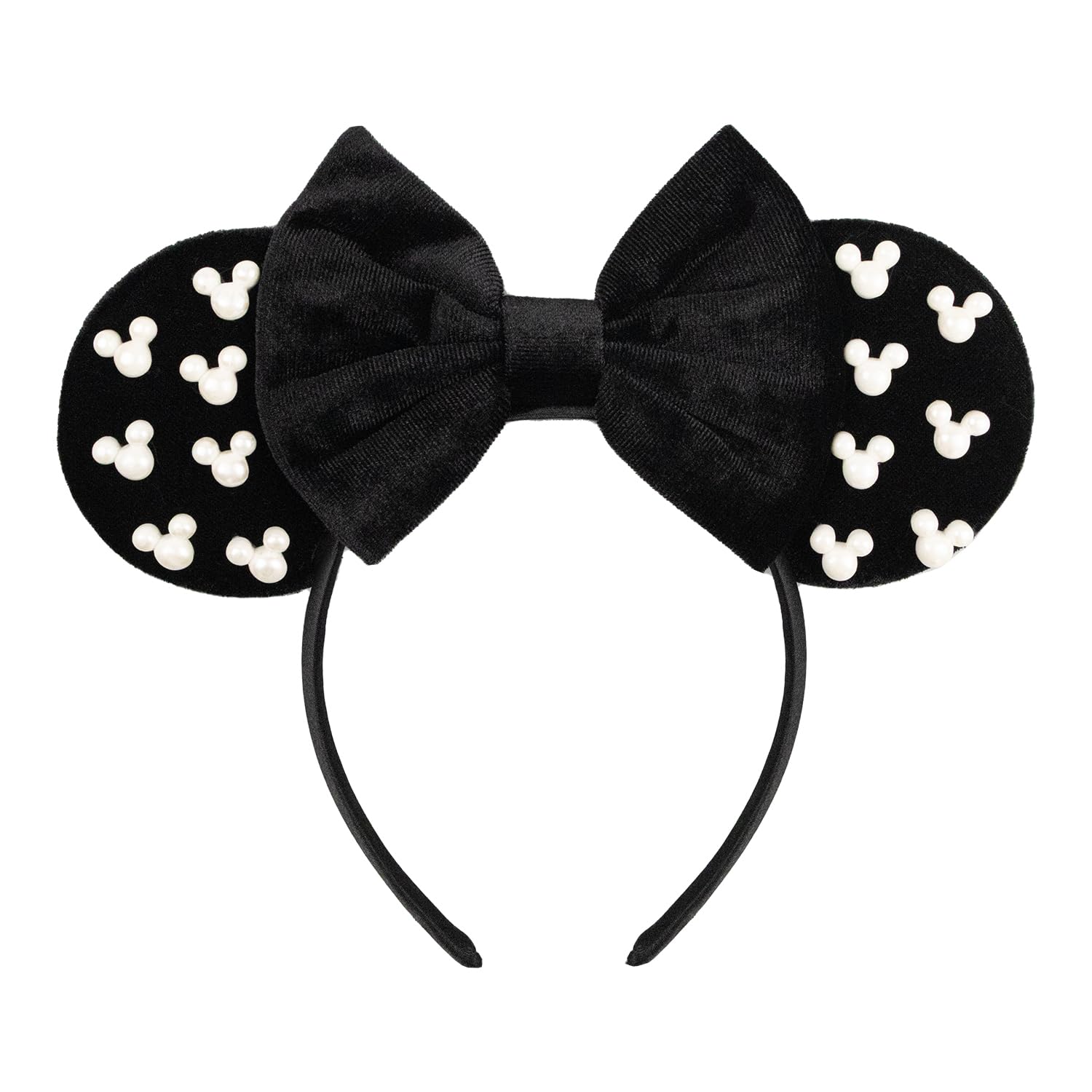 Bandeau velours noir JIAHANG avec oreilles souris et perles, idéal pour photos festives.