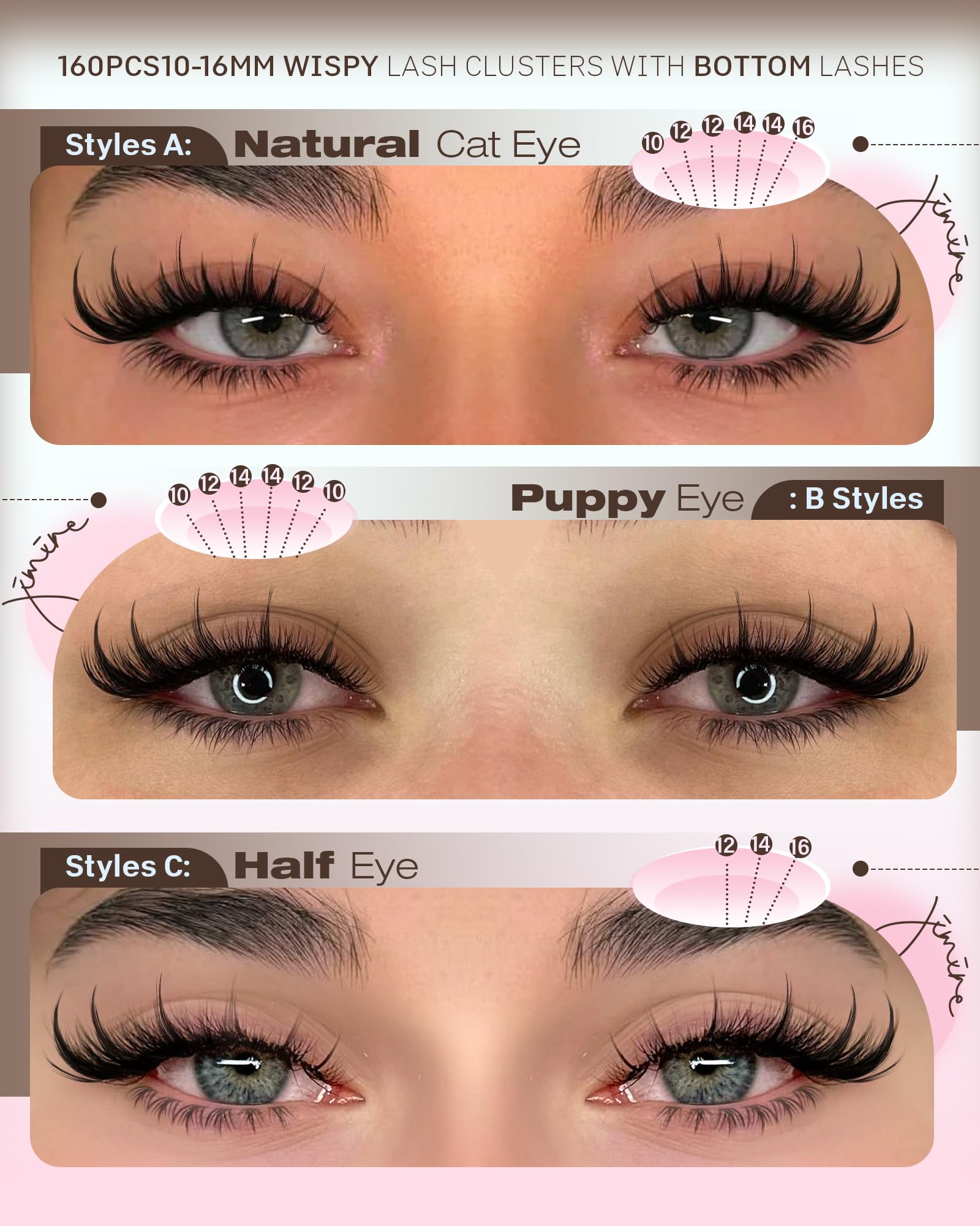 JIMIRE cils: 3 styles de regard – naturel espiecle et demiclos.
