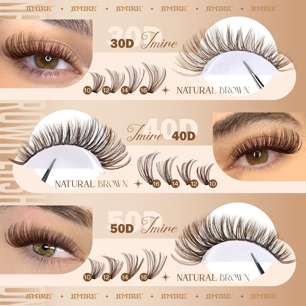 Cils JIMIRE en clusters bruns montrant les différents styles