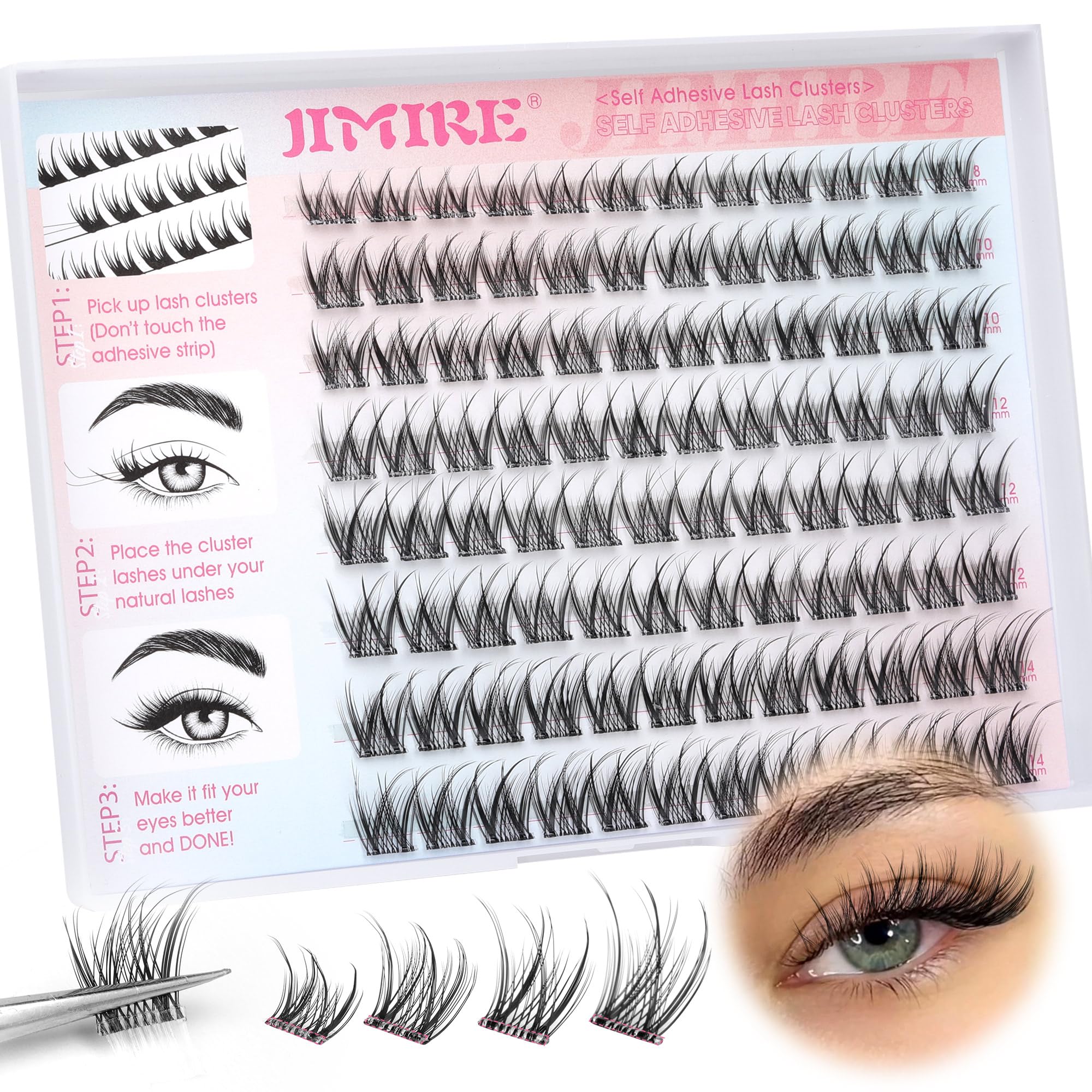 Cils auto-adhésifs JIMIRE D-Curl 8–14 mm : pose rapide naturelle.