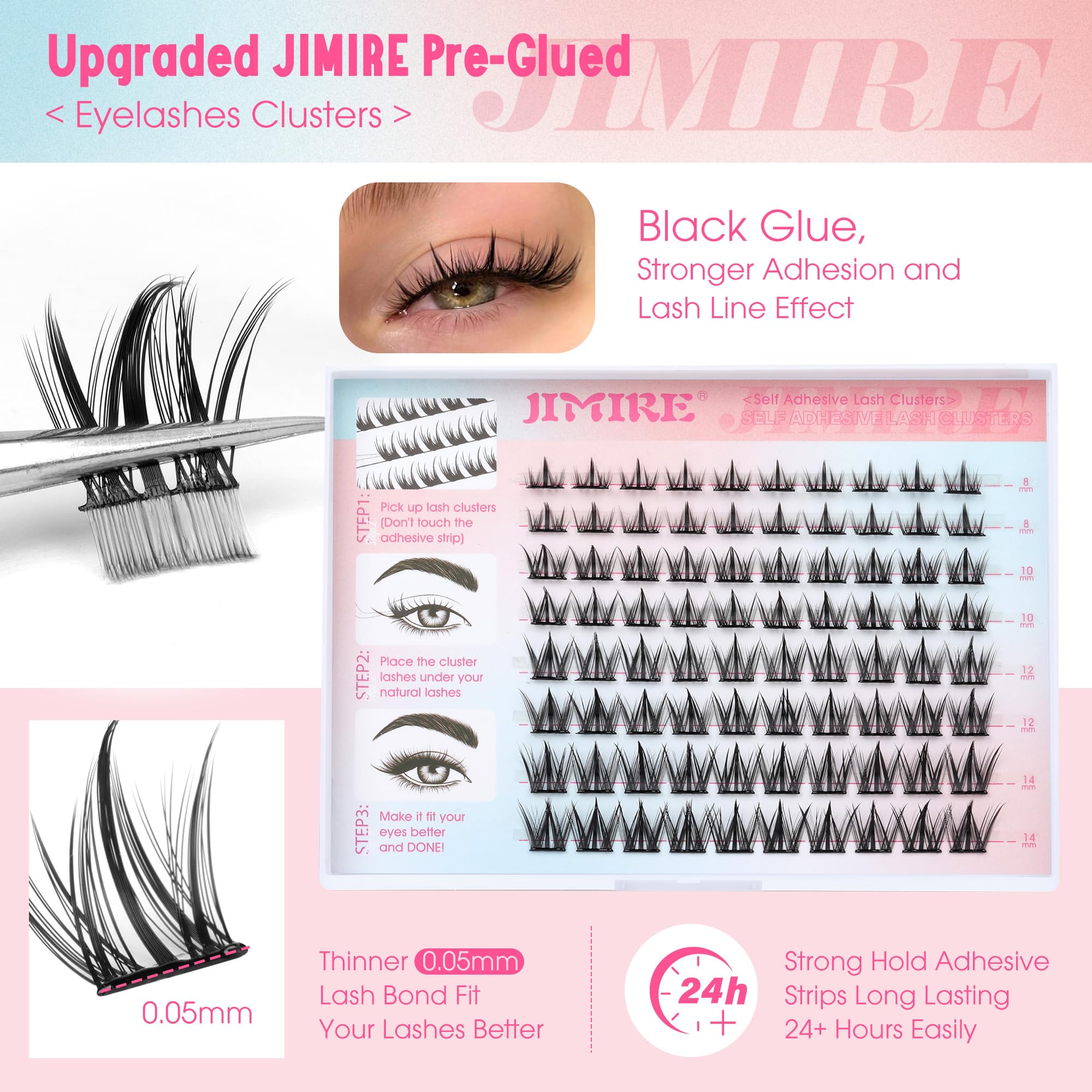 Clusters cils réutilisables JIMIRE pour un rendu naturel et confortable.