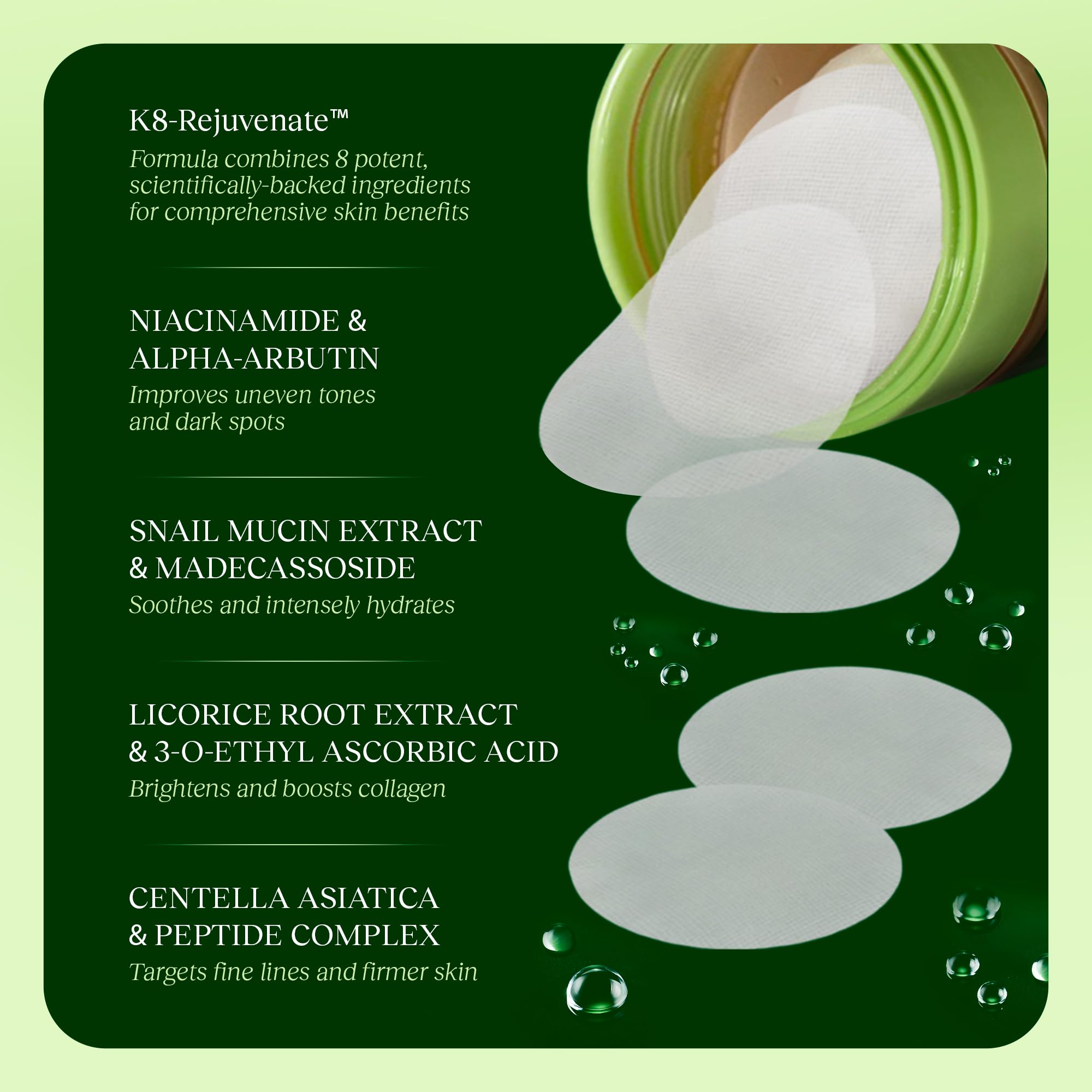 JiYu Toning Polish Pads – niacinamide et peptides pour éclaircir et raffermir subtilement.