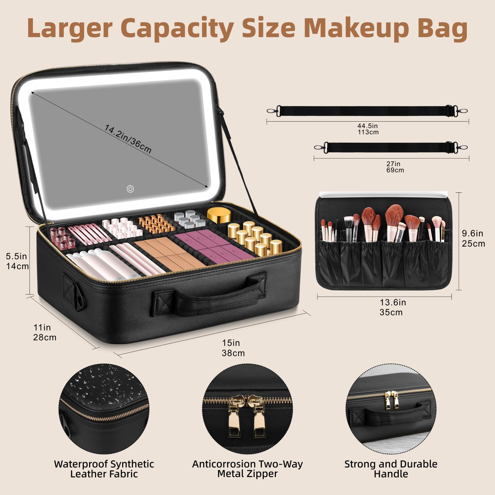 JJhxr pochette maquillage en cuir PU durable et facile à nettoyer.