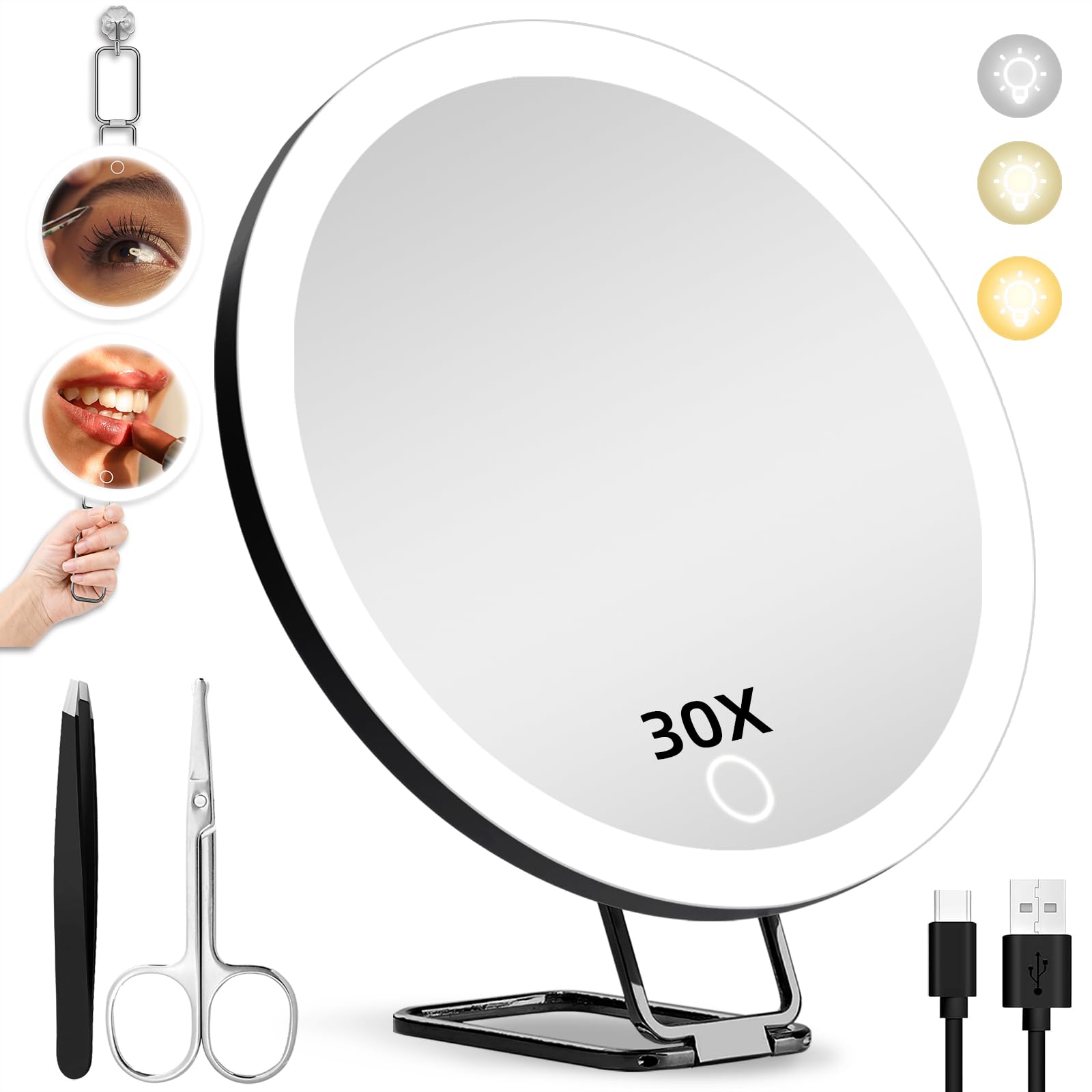 Miroir loupe JJhxr 30x avec lumière pour un maquillage précis et clair.
