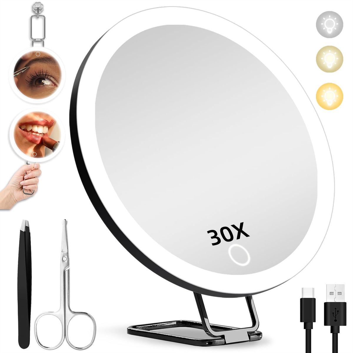 Miroir loupe JJhxr 30x avec lumière pour un maquillage précis et clair.