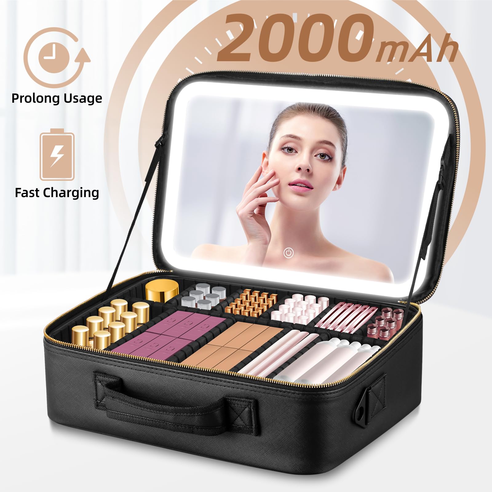 JJhxr miroir à DEL avec éclairage à 3 couleurs pour maquillage précis.