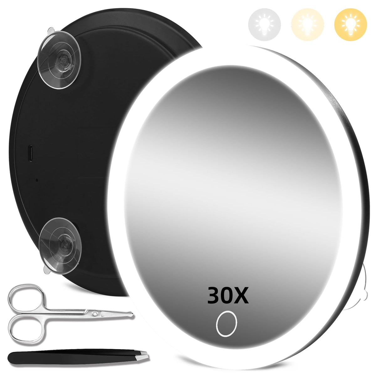 JJhxr miroir magnifiant 30x avec lumière pour maquillage précis.