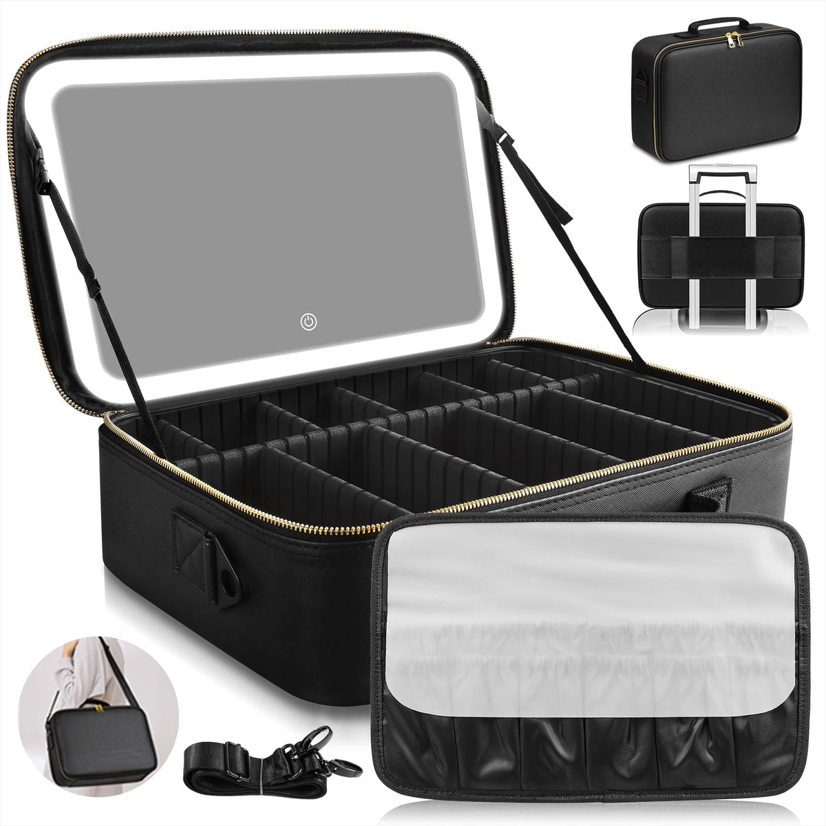 JJhxr sac maquillage 15x11 avec miroir à DEL pour rangement pratique en déplacement.