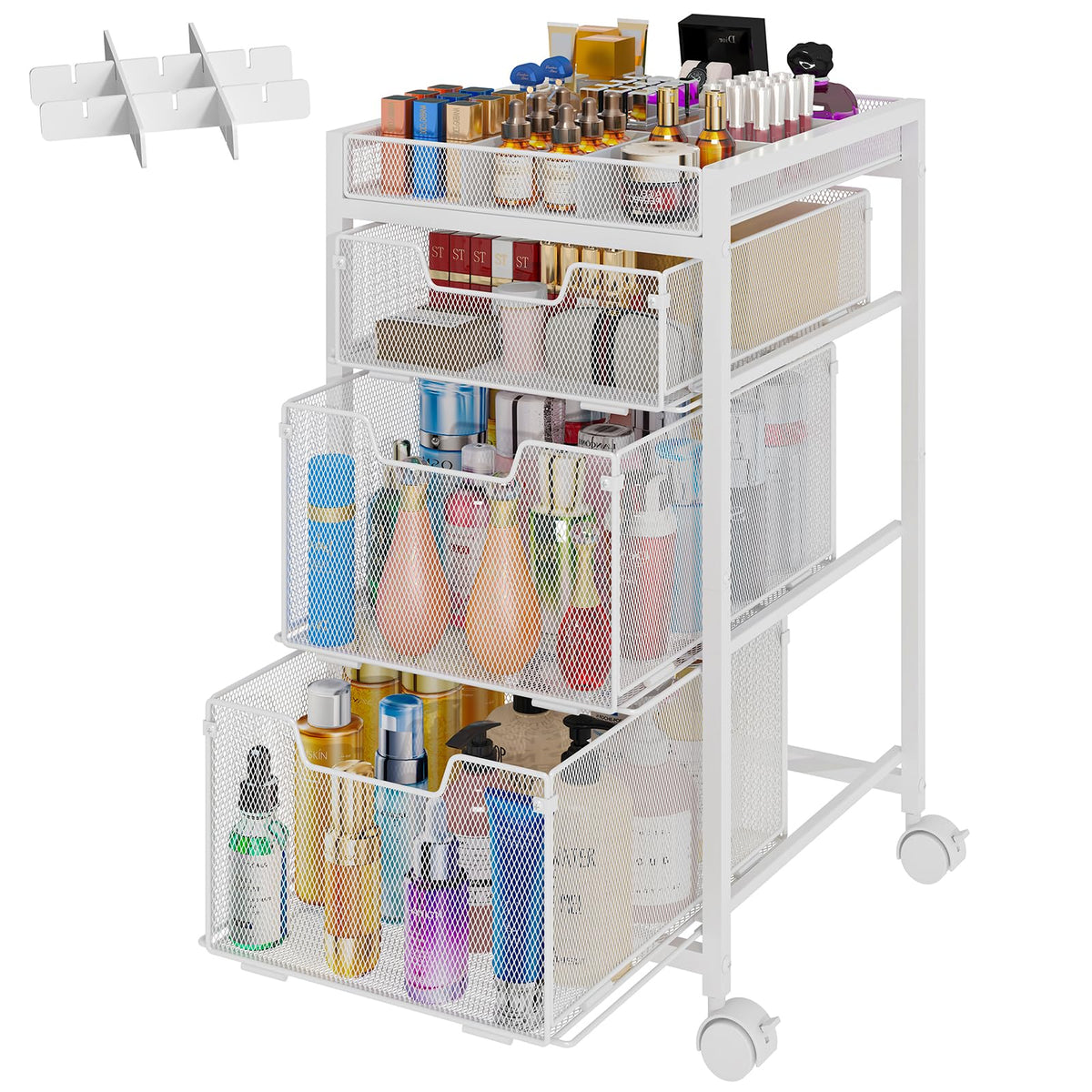 JKsmart chariot maquillage roulant avec tiroirs, rangement pratique pour cosmétiques et soins.