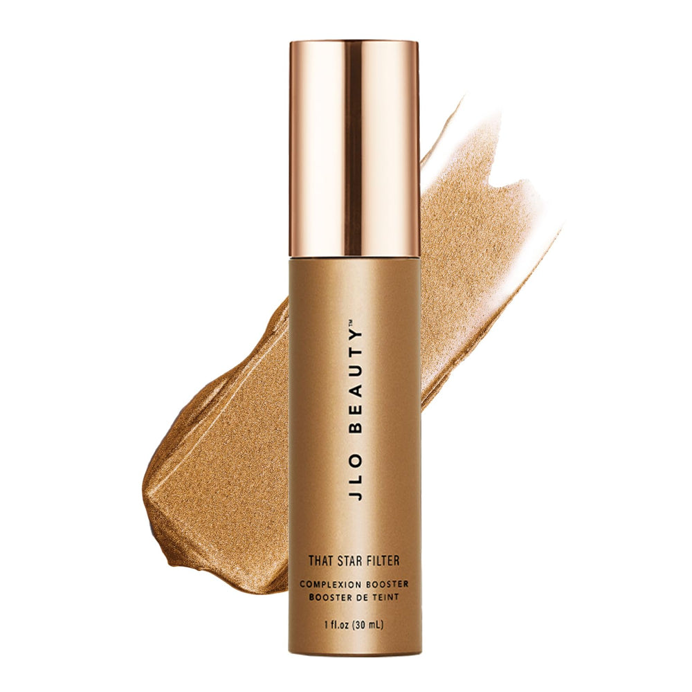 JLO BEAUTY Complexion Booster – bouteille et gouttes pour un éclat léger.