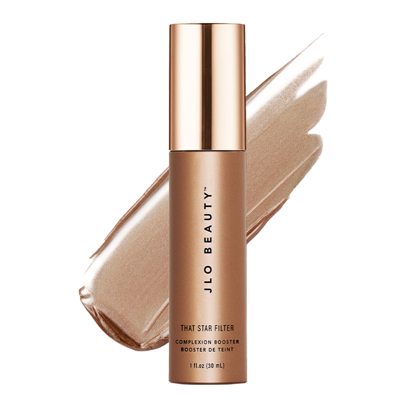 JLO BEAUTY Complexion Booster Rose Gold highlighter, éclat naturel sur le visage.