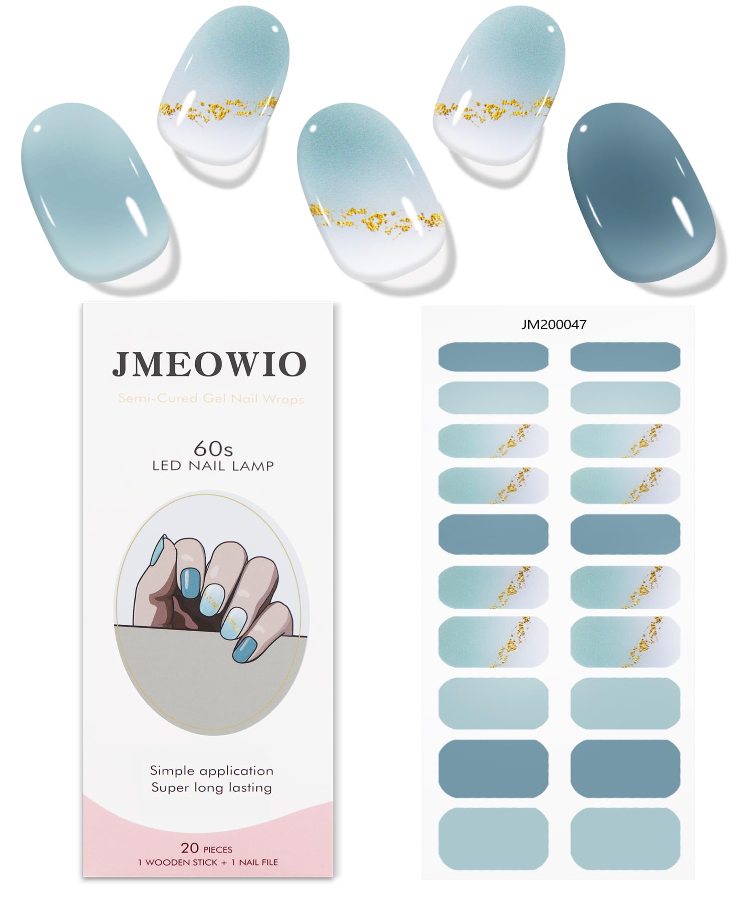 Jmeowio Gel Nail Stickers dégradé bleu paillettes, effet salon rapide