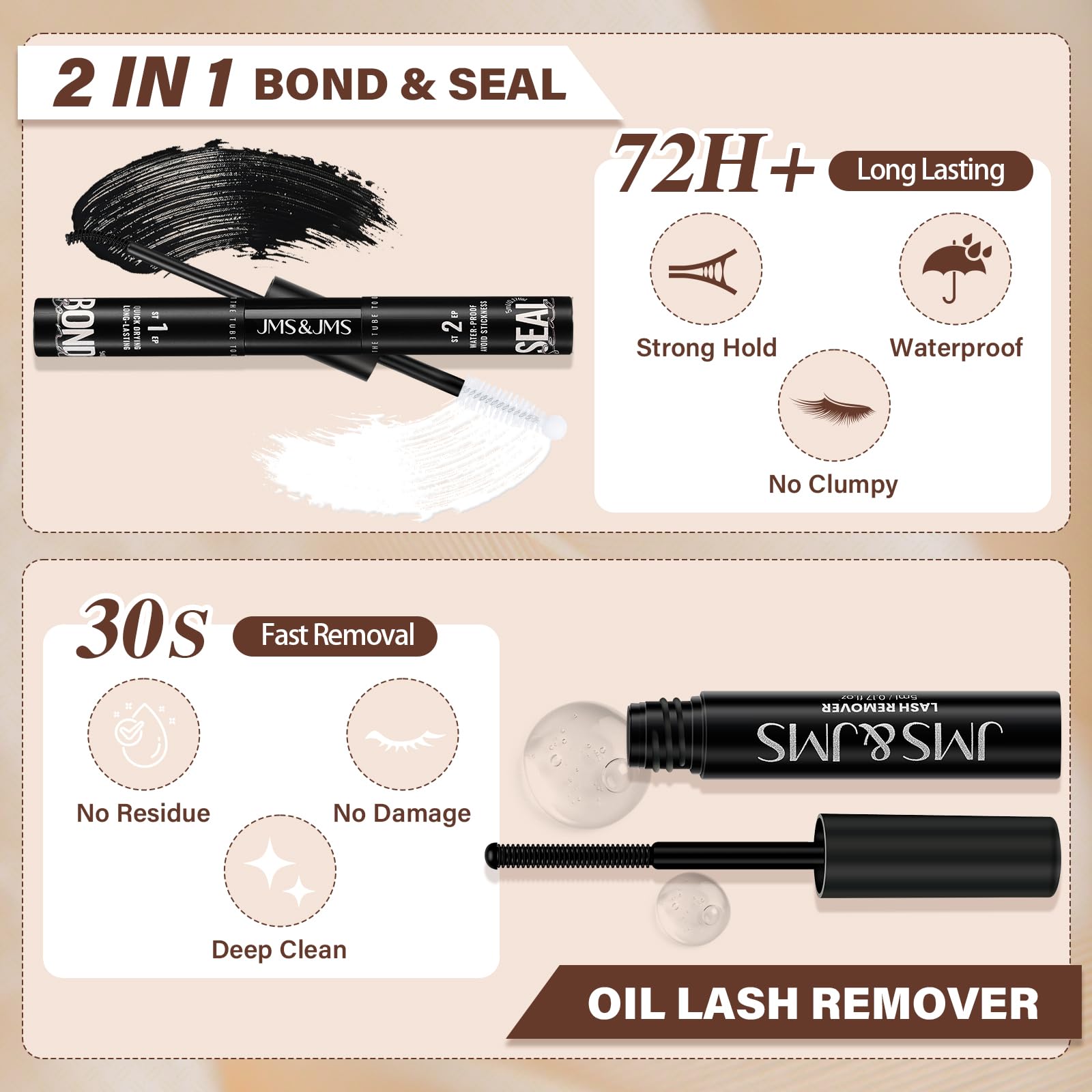 Applicateur cils JMS&JMS et brosse pour une pose précise.