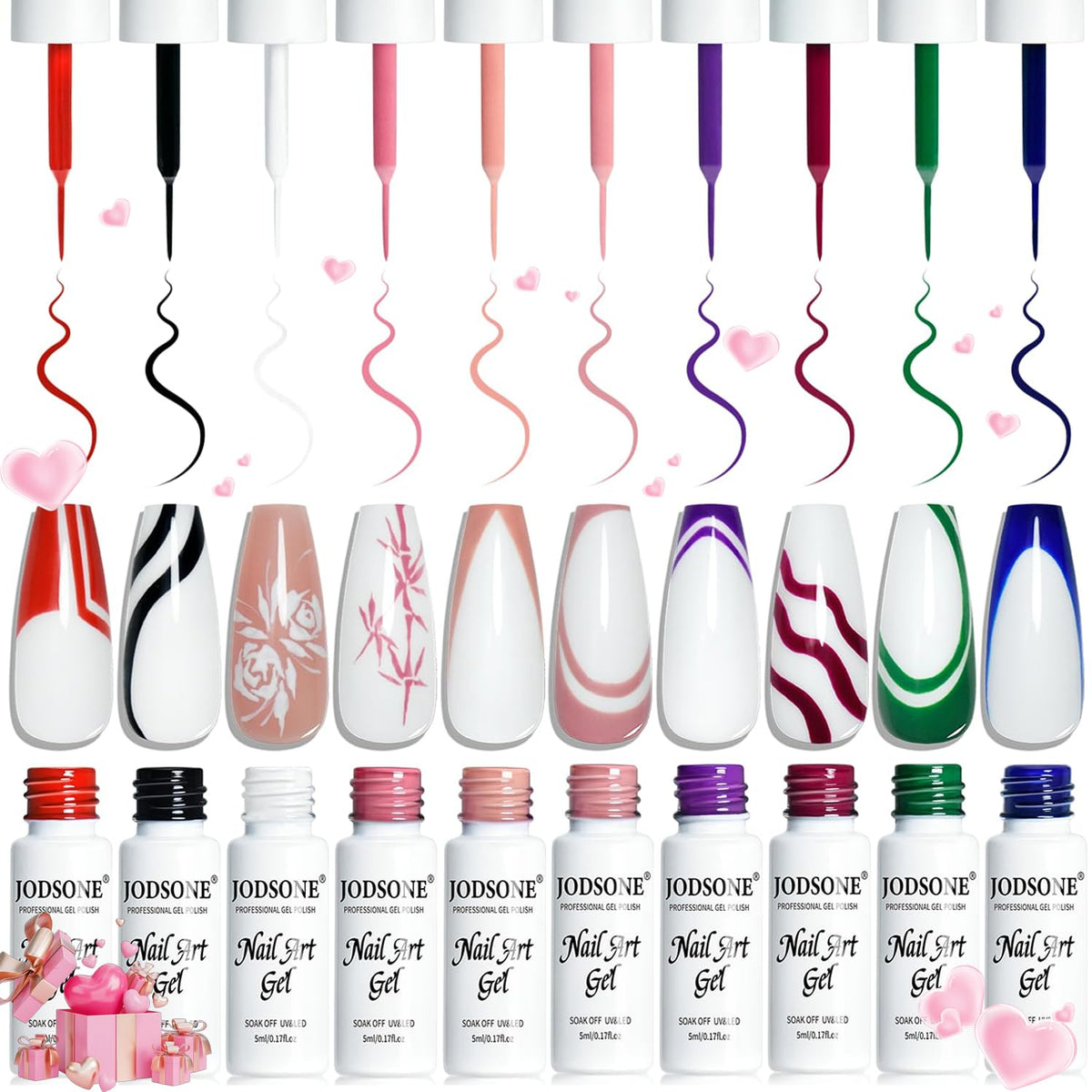 Jodsone ensemble gel liner nail art: 10 pièces pour tracés précis et nets.
