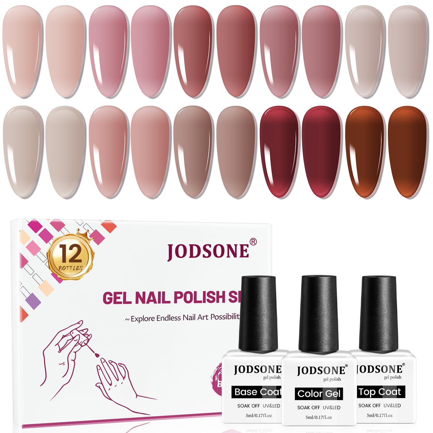 JODSONE set-vernis gel 12 pièces, palette de couleurs translucides, parfaite pour le bricolage à la maison.