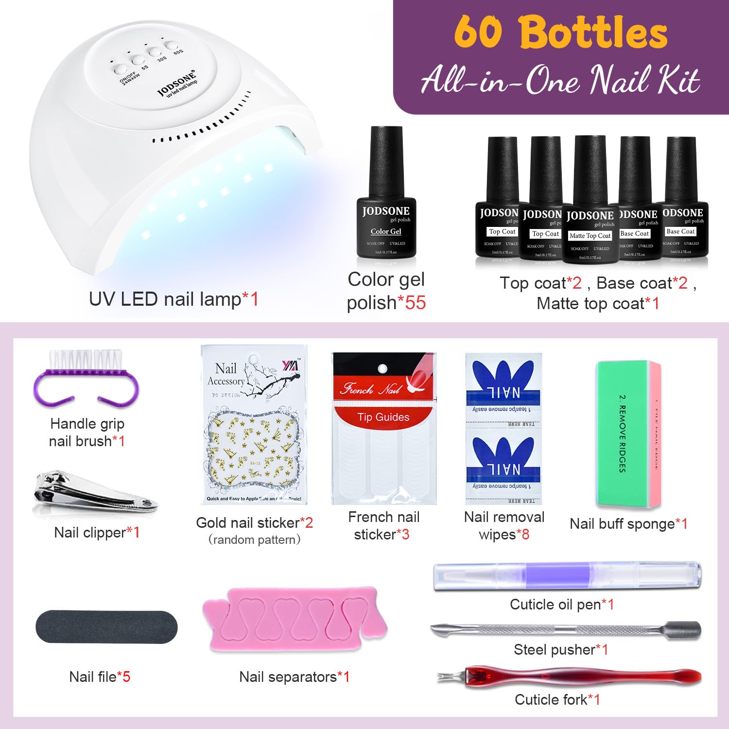 Vernis-gel JODSONE: palette variée de 60 teintes faciles à appliquer.