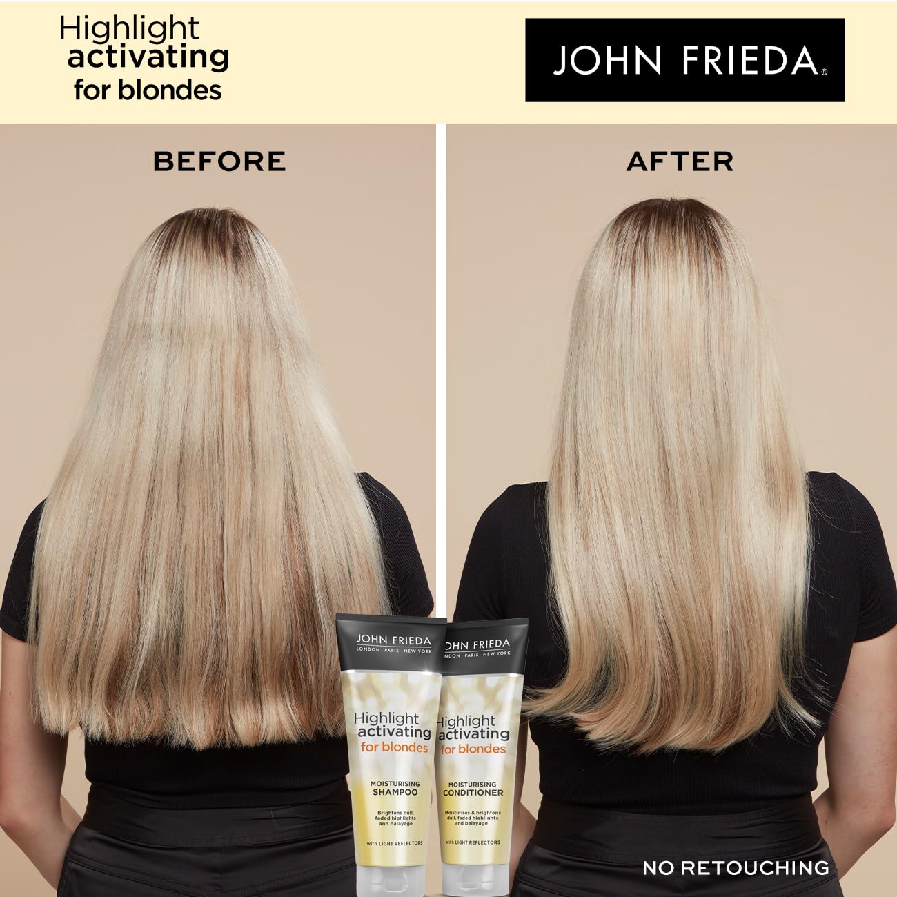 John Frieda Blond Subtil, versement facile, mousse douce qui n’alourdit pas.