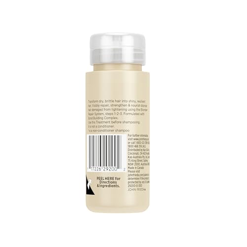John Frieda Blonde+ Pré-Shampooing, technologie de liaisons pour renforcer et lisser les mèches blondes.