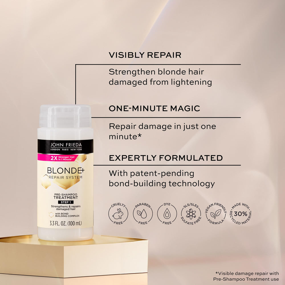 John Frieda Blonde+ Pré-Shampooing transforme les cheveux blonds secs et endommagés grâce au pré-shampooing.