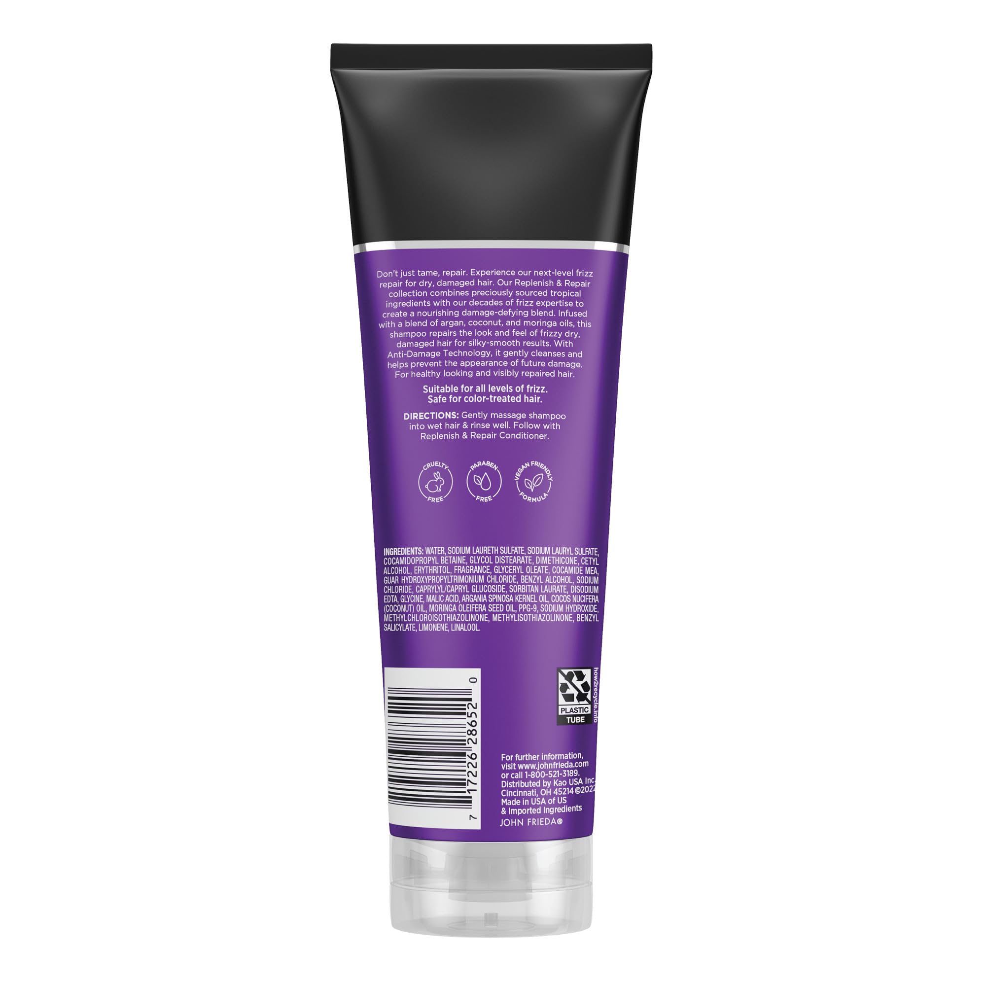Emballage durable de John Frieda, moitié recyclé et respectueux de l’environnement.