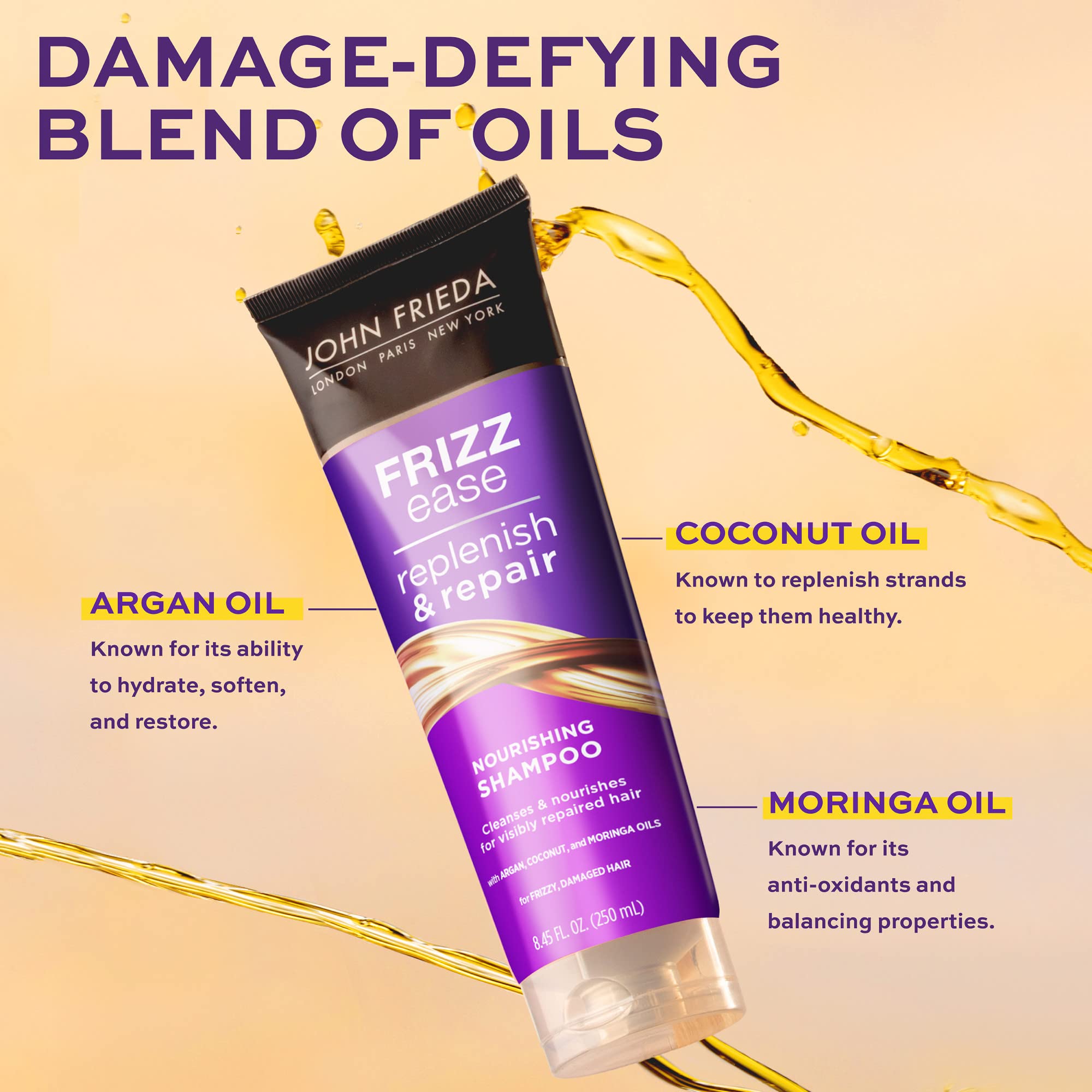 Étiquette John Frieda Frizz Ease Replenish & Repair, mettant en avant les ingrédients réparateurs.