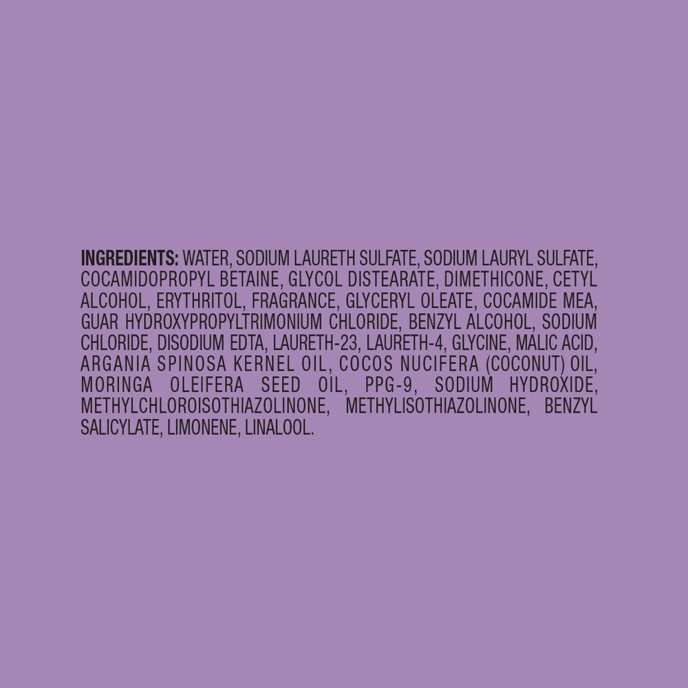 Étiquette détaillant argan, moringa et coco sur John Frieda.