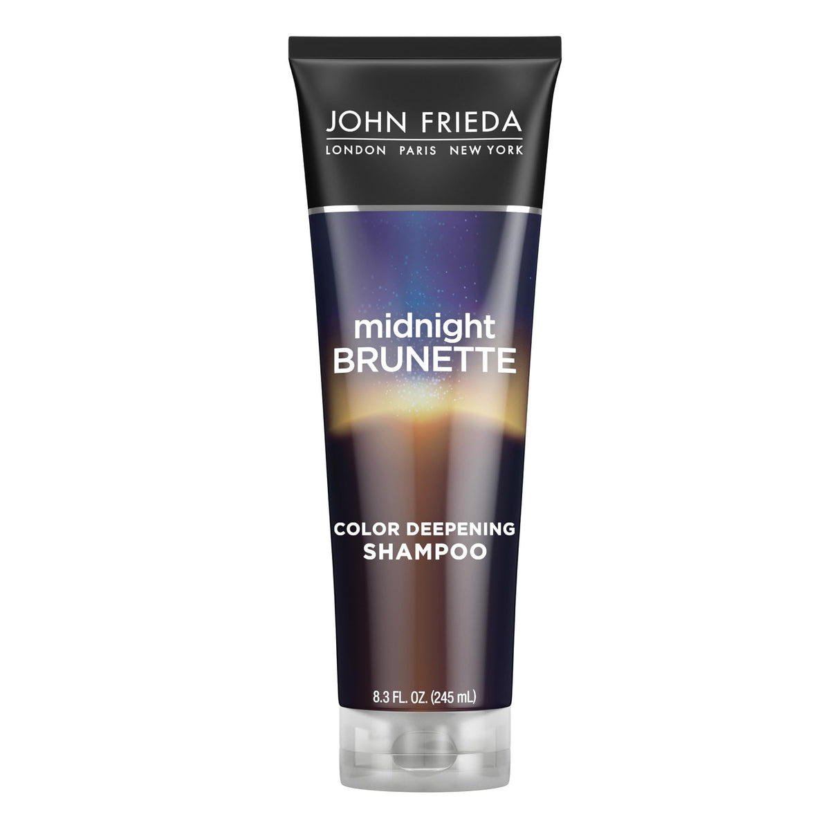 John Frieda Midnight Brunette Shampoing sur la bouteille, hydratation et couleur plus profonde.