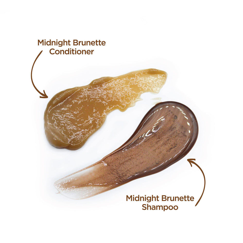 Routine quotidienne avec Shampoing Midnight Brunette et après-shampoing pour brun profond.