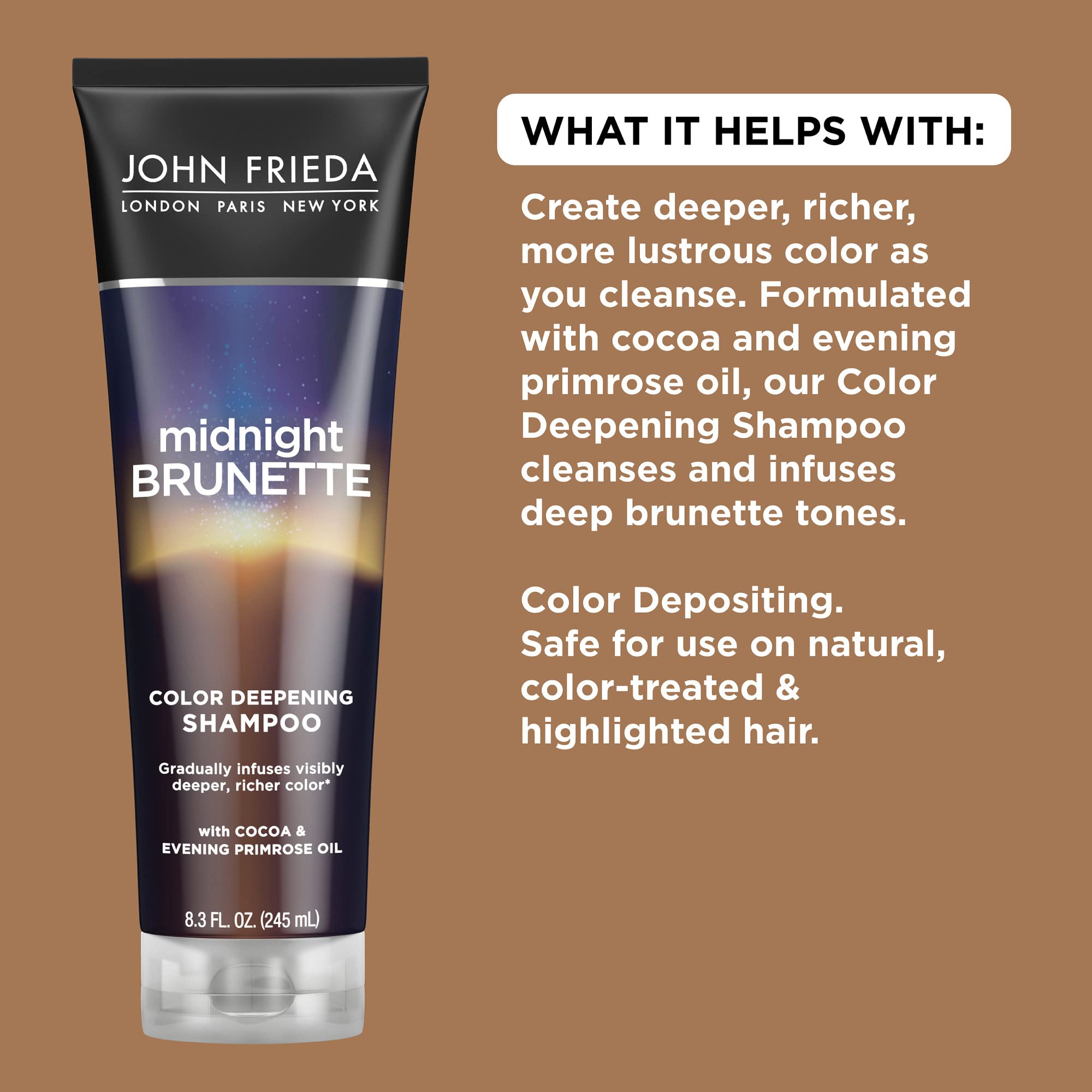 Texture crémeuse du Shampoing Midnight Brunette nettoie en douceur les cheveux brun.