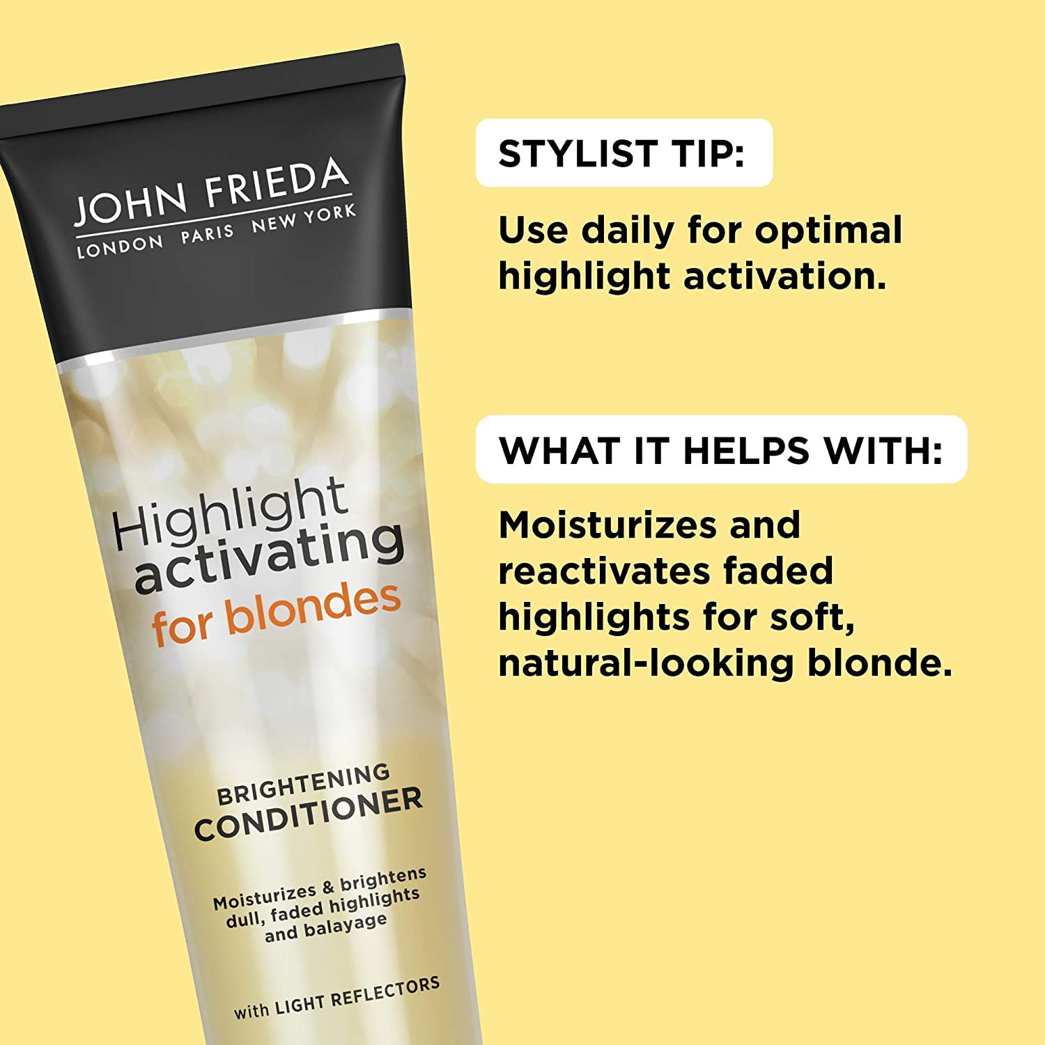 John Frieda Blond éclairant, avant-après montrant des reflets plus nets.