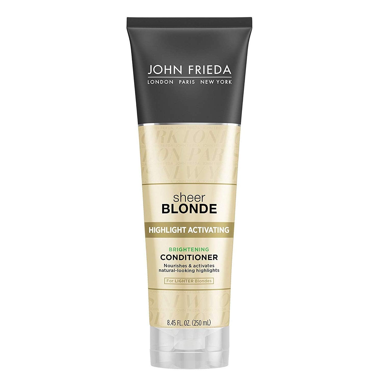 John Frieda Soin blond clair, flacon en avant, cheveux brillants et soyeux.