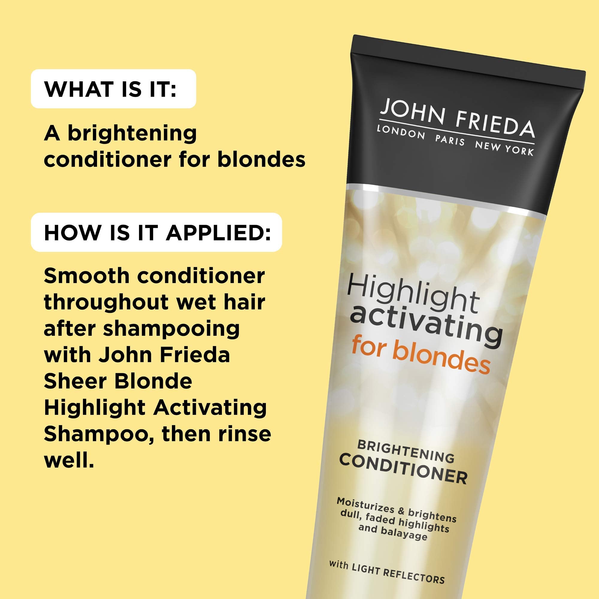 Étiquette du produit John Frieda Sheer Blonde avec informations claires.