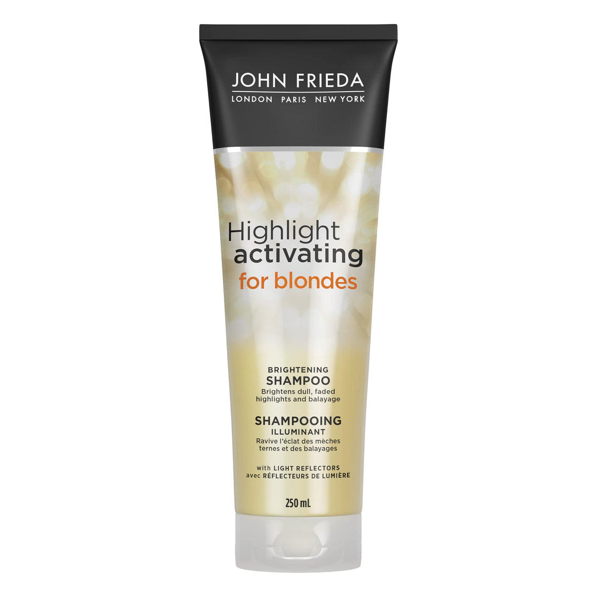 John Frieda Sheer Blonde Shampooing – bouteille visible, révèle des reflets éclatants.