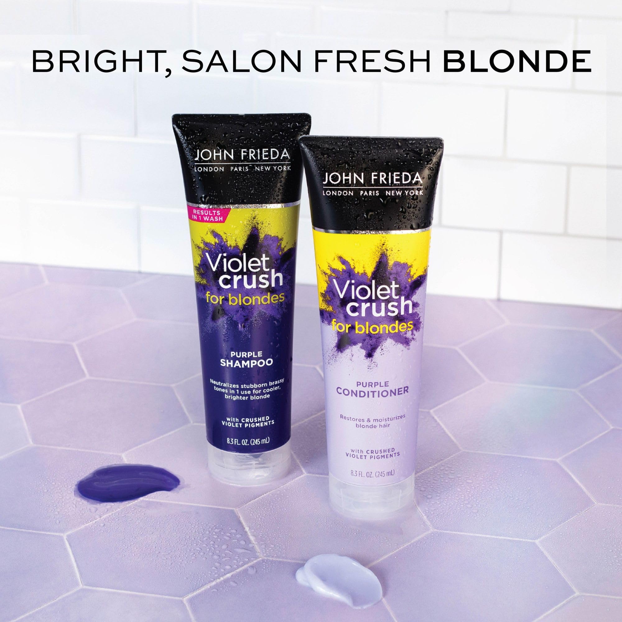 John Frieda Violet Crush, cheveux blonds avant/après avec effet rafraîchissant.