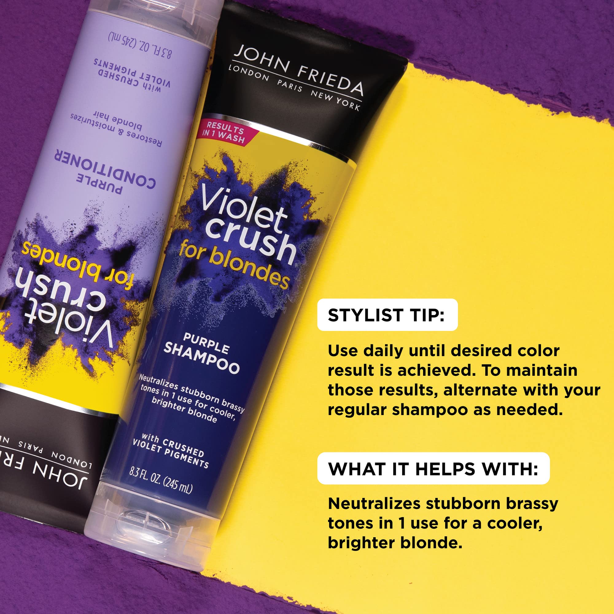 John Frieda Violet Crush conditioner pump bottle delivering intense toning for bright blondes.