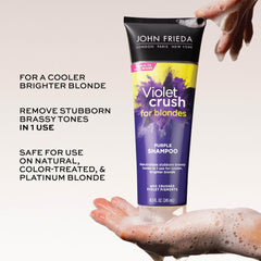 John Frieda Violet Crush, flacon près du miroir neutralisant les tons jaunis des blondes.