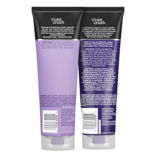 John Frieda Violet Crush set shown together for at-home blonding maintenance and toning results.